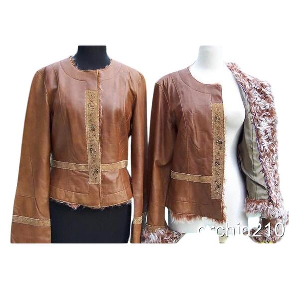 Cache Lamb Leather Lamb Fur Trim Suede Jacket Coat Lined Embellshed NWT $598
